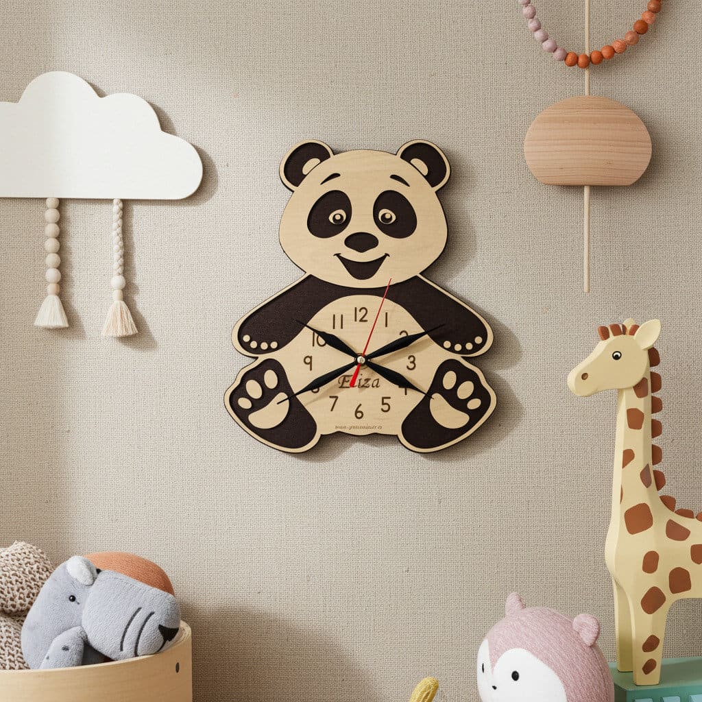 Ceas personalizat cu urs panda din lemn pentru camera copilului, decor elegant si functional.